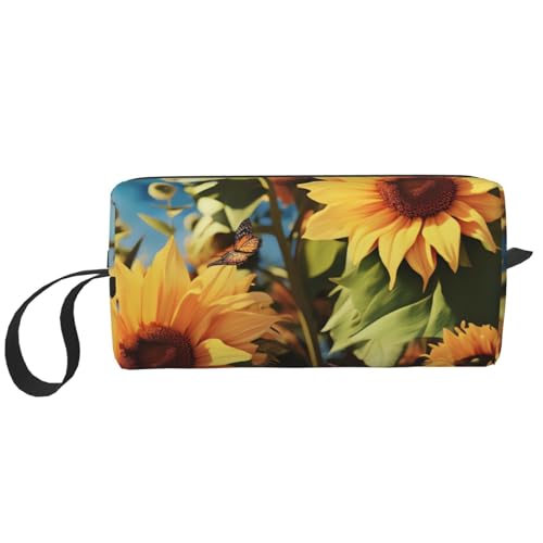 Kosmetiktasche mit Sonnenblumen und Schmetterlingen für Damen, tragbare Make-up-Tasche, Reise-Aufbewahrungstasche, für den täglichen Gebrauch, große Kapazität, Kulturbeutel, weiß, Einheitsgröße von OUSIKA