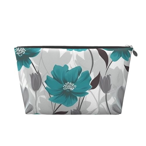 Make-up-Tasche aus Leder für Damen, Reise-Kulturbeutel, Blaugrün, Grau und Weiß, Blumenmuster, Kosmetiktasche, große Make-up-Tasche mit Reißverschluss, silber, Einheitsgröße Make-up-Tasche aus Leder für Damen, Reise-Kulturbeutel, Blaugrün, Grau und Weiß, Blumenmuster, Kosmetiktasche, große Make-up-Tasche mit Reißverschluss, silber, Einheitsgröße von OUSIKA