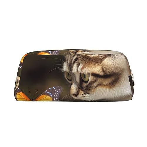 Make-up-Tasche mit Katzen- und Schmetterlings-Motiv, Leder, Federmappe, Reise-Kulturbeutel, Kosmetiktasche, tägliche Aufbewahrungstasche für Frauen, gold, Einheitsgröße, Taschen-Organizer von OUSIKA