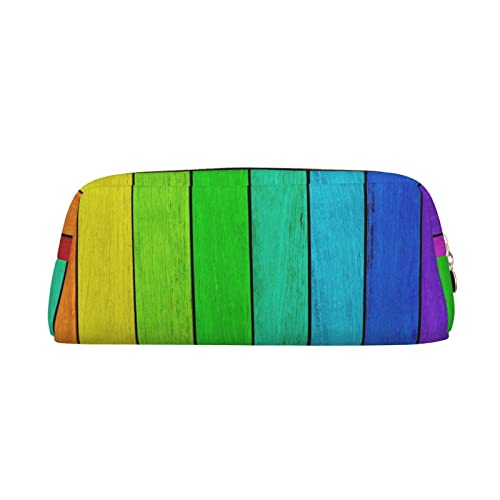 Make-up-Tasche mit Regenbogen-Holzhintergrund, Leder, Federmäppchen, Reise-Kulturbeutel, Kosmetiktasche, tägliche Aufbewahrungstasche für Frauen, gold, Einheitsgröße, Taschen-Organizer von OUSIKA