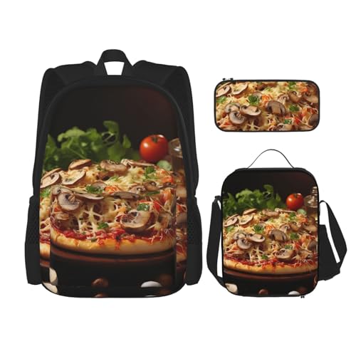 OUSIKA 3 Stück Pizza mit Pilzen und Tomaten auf der Oberseite, bedrucktes Rucksack-Set, lässiger Tagesrucksack mit Lunchbox, Federmäppchen für Damen und Herren, Schwarz , Einheitsgröße, Rucksack, von OUSIKA