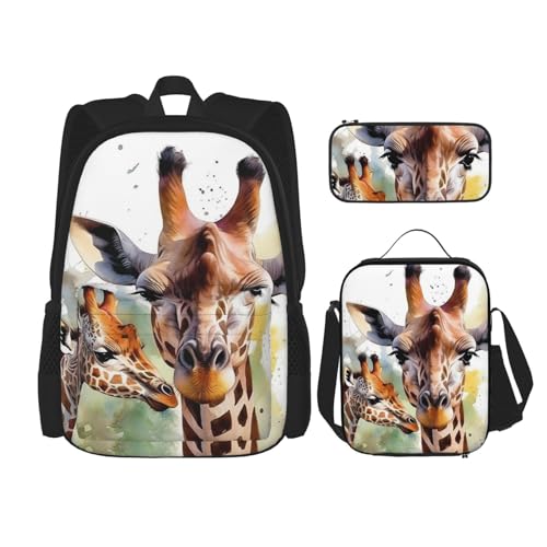 OUSIKA 3-teiliges Aquarell-Rucksack-Set mit Hirsch-Giraffen-Druck, lässiger Tagesrucksack mit Lunchbox, Federmäppchen für Damen und Herren, Schwarz , Einheitsgröße von OUSIKA