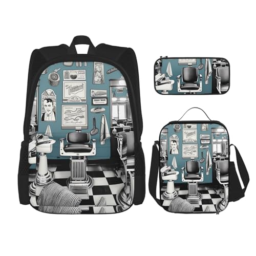 OUSIKA 3-teiliges Barber-Shop-Druck-Rucksack-Set, lässiger Tagesrucksack mit Lunchbox, Federmäppchen für Damen und Herren, Schwarz , Einheitsgröße, Rucksack, Rucksäcke von OUSIKA