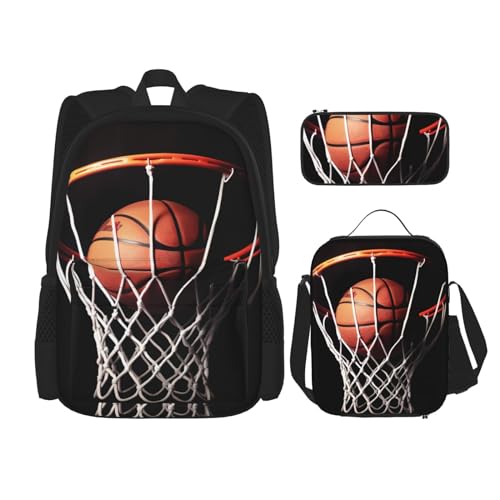 OUSIKA 3-teiliges Basketball-Druck-Rucksack-Set, lässiger Tagesrucksack mit Lunchbox, Federmäppchen für Damen und Herren, Schwarz , Einheitsgröße, Rucksack, Rucksäcke von OUSIKA