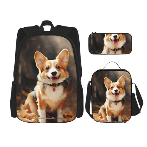 OUSIKA 3-teiliges Corgi-Rucksack-Set mit Hunde-Aufdruck, lässiger Tagesrucksack mit Lunchbox, Federmäppchen für Damen und Herren, Schwarz , Einheitsgröße, Rucksack, Rucksäcke von OUSIKA