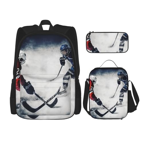 OUSIKA 3-teiliges Eishockey-Kunstdruck-Rucksack-Set, lässiger Tagesrucksack mit Lunchbox, Federmäppchen für Damen und Herren, Schwarz , Einheitsgröße, Rucksack, Rucksäcke von OUSIKA