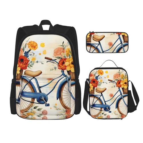 OUSIKA 3-teiliges Fahrradrucksack-Set mit Blumenmuster, lässiger Tagesrucksack mit Lunchbox, Federmäppchen für Damen und Herren, Schwarz , Einheitsgröße, Rucksack, Rucksäcke von OUSIKA