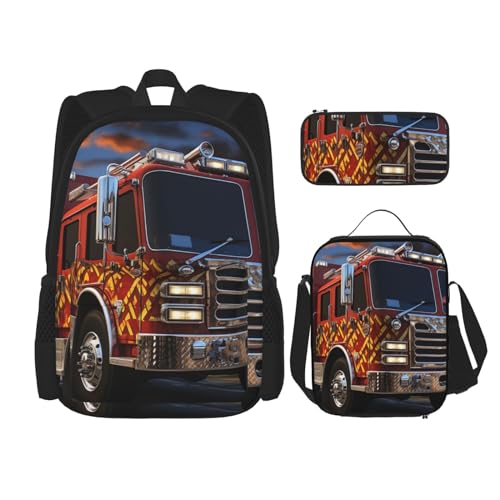 OUSIKA 3-teiliges Feuerwehrwagen-Rucksack-Set, lässiger Tagesrucksack mit Lunchbox, Federmäppchen für Damen und Herren, Schwarz , Einheitsgröße, Rucksack, Rucksäcke von OUSIKA