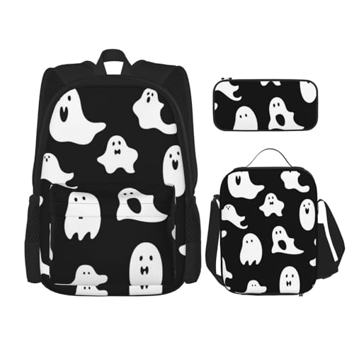 OUSIKA 3-teiliges Halloween-Rucksack-Set mit Gothic-Druck, lässiger Tagesrucksack mit Lunchbox, Federmäppchen für Damen und Herren, Schwarz , Einheitsgröße, Rucksack, Rucksäcke von OUSIKA