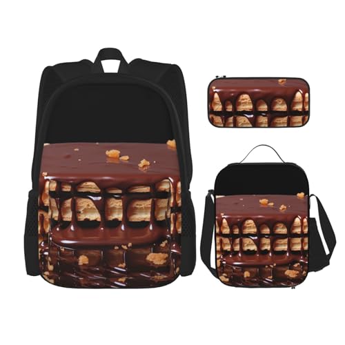 OUSIKA 3-teiliges Oblaten-Rucksack-Set mit Schokoladendruck, lässiger Tagesrucksack mit Lunchbox, Federmäppchen für Damen und Herren, Schwarz , Einheitsgröße, Rucksack, Rucksäcke von OUSIKA