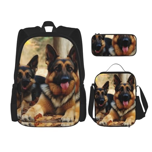 OUSIKA 3-teiliges Rucksack-Set, Motiv: Deutscher Schäferhund, lässiger Tagesrucksack mit Lunchbox, Federmäppchen für Damen und Herren, Schwarz , Einheitsgröße, Rucksack, Rucksäcke von OUSIKA