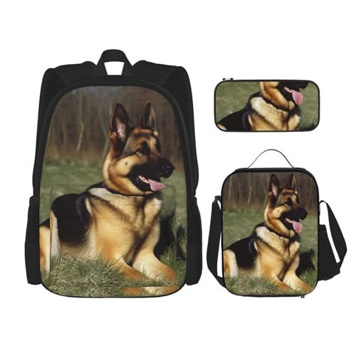 OUSIKA 3-teiliges Rucksack-Set, Motiv: Deutscher Schäferhund, lässiger Tagesrucksack mit Lunchbox, Federmäppchen für Damen und Herren, Schwarz , Einheitsgröße, Rucksack, Rucksäcke von OUSIKA