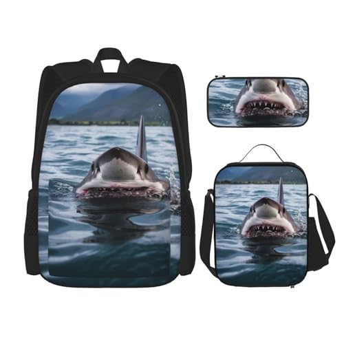 OUSIKA 3-teiliges Rucksack-Set, Motiv: Hai im See, lässiger Tagesrucksack mit Lunchbox, Federmäppchen für Damen und Herren, Schwarz , Einheitsgröße, Rucksack, Rucksäcke von OUSIKA