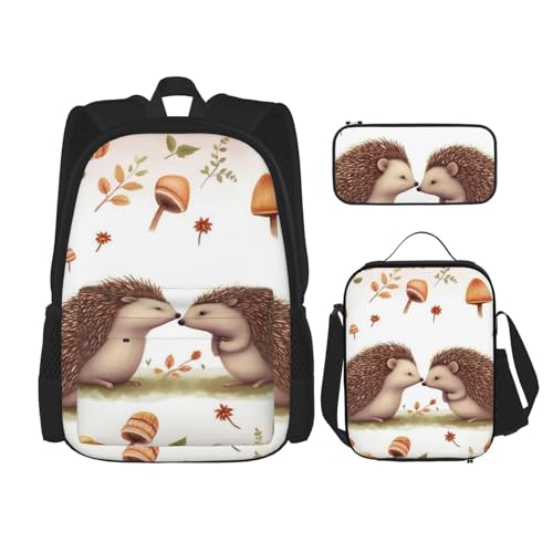 OUSIKA 3-teiliges Rucksack-Set, Motiv: Igel-Liebhaber, lässiger Tagesrucksack mit Lunchbox, Federmäppchen für Damen und Herren, 3 Stück, Schwarz , Einheitsgröße, Rucksack, Rucksäcke von OUSIKA