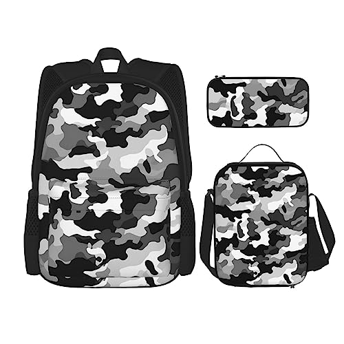 OUSIKA 3-teiliges Rucksack-Set, schwarz, grau, weiß, Camouflage-Druck, lässiger Tagesrucksack mit Lunchbox, Federmäppchen für Damen und Herren, Schwarz , Einheitsgröße, Rucksack, Rucksäcke von OUSIKA