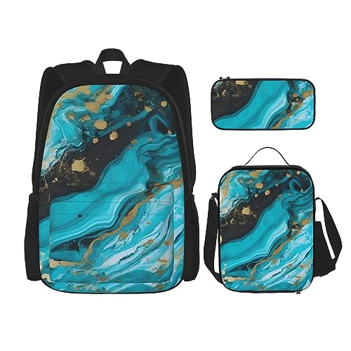 OUSIKA 3-teiliges Rucksack-Set, türkis, blau, goldfarben, Marmor-Druck, lässiger Tagesrucksack mit Lunchbox, Federmäppchen für Damen und Herren, Schwarz , Einheitsgröße, Rucksack, Rucksäcke von OUSIKA