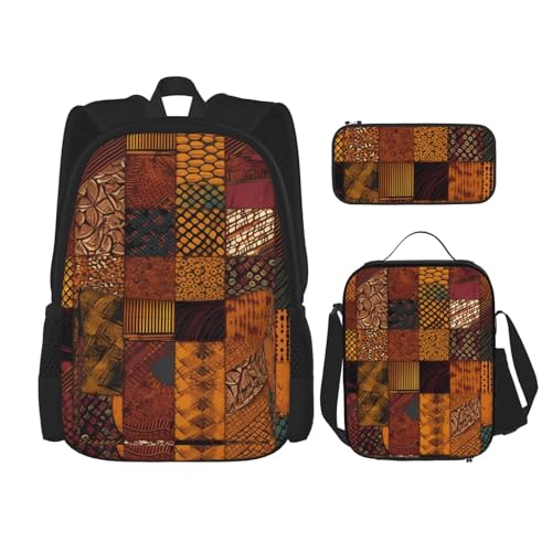 OUSIKA 3-teiliges Rucksack-Set im afrikanischen Stil, Patchwork-Druck, lässiger Tagesrucksack mit Lunchbox, Federmäppchen für Damen und Herren, Schwarz , Einheitsgröße, Rucksack, Rucksäcke von OUSIKA