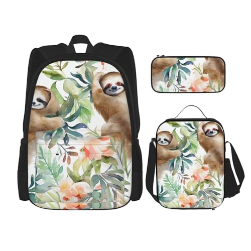 OUSIKA 3-teiliges Rucksack-Set mit Aquarell-Faultier-Druck, lässiger Tagesrucksack mit Lunchbox, Federmäppchen für Damen und Herren, Schwarz , Einheitsgröße, Rucksack Backpacks von OUSIKA