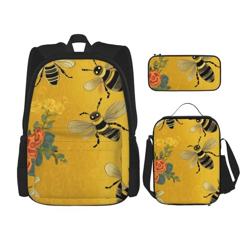 OUSIKA 3-teiliges Rucksack-Set mit Bienen-Motiv, lässiger Tagesrucksack mit Lunchbox, Federmäppchen für Damen und Herren, Schwarz , Einheitsgröße, Rucksack, Rucksäcke von OUSIKA