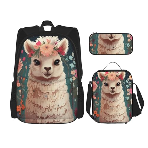 OUSIKA 3-teiliges Rucksack-Set mit Blumen-Alpaka-Druck, lässiger Tagesrucksack mit Lunchbox, Federmäppchen für Damen und Herren, Schwarz , Einheitsgröße, Rucksack, Rucksäcke von OUSIKA