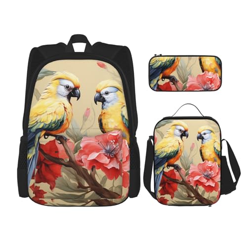 OUSIKA 3-teiliges Rucksack-Set mit Blumen- und Vogel-Kunstdruck, lässiger Tagesrucksack mit Lunchbox, Federmäppchen für Damen und Herren, Schwarz , Einheitsgröße, Rucksack, Rucksäcke von OUSIKA