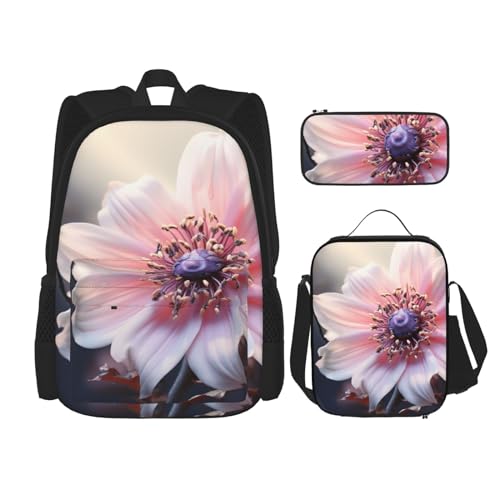 OUSIKA 3-teiliges Rucksack-Set mit Blumenblüten-Druck, lässiger Tagesrucksack mit Lunchbox, Federmäppchen für Damen und Herren, Schwarz , Einheitsgröße, Rucksack, Rucksäcke von OUSIKA