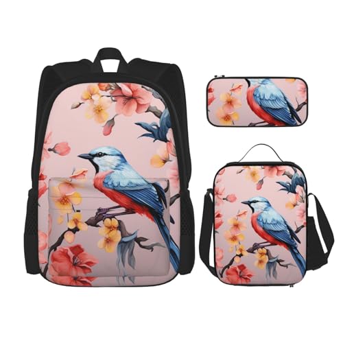 OUSIKA 3-teiliges Rucksack-Set mit Blumenmotiv und Vögeln, lässiger Tagesrucksack mit Lunchbox, Federmäppchen für Damen und Herren, Schwarz , Einheitsgröße, Rucksack Backpacks von OUSIKA