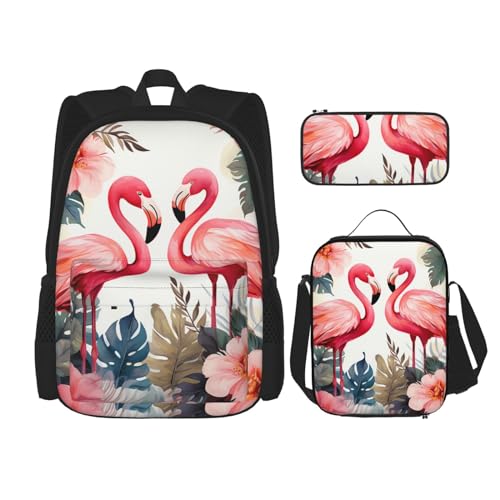 OUSIKA 3-teiliges Rucksack-Set mit Blumenmuster und Flamingo-Druck, lässiger Tagesrucksack mit Lunchbox, Federmäppchen für Damen und Herren, Schwarz , Einheitsgröße, Rucksack, Rucksäcke von OUSIKA