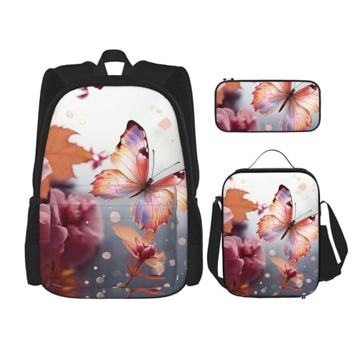 OUSIKA 3-teiliges Rucksack-Set mit Blumenmuster und Schmetterlings-Aufdruck, lässiger Tagesrucksack mit Lunchbox, Federmäppchen für Damen und Herren, Schwarz , Einheitsgröße, Rucksack, Rucksäcke von OUSIKA