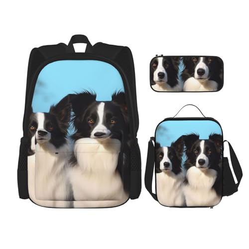 OUSIKA 3-teiliges Rucksack-Set mit Border Collie-Druck, lässiger Tagesrucksack mit Lunchbox, Federmäppchen für Damen und Herren, Schwarz , Einheitsgröße, Rucksack, Rucksäcke von OUSIKA