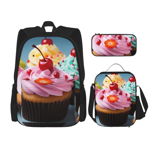 OUSIKA 3-teiliges Rucksack-Set mit Cupcake-Aufdruck, lässiger Tagesrucksack mit Lunchbox, Federmäppchen für Damen und Herren, Schwarz , Einheitsgröße, Rucksack, Rucksäcke von OUSIKA