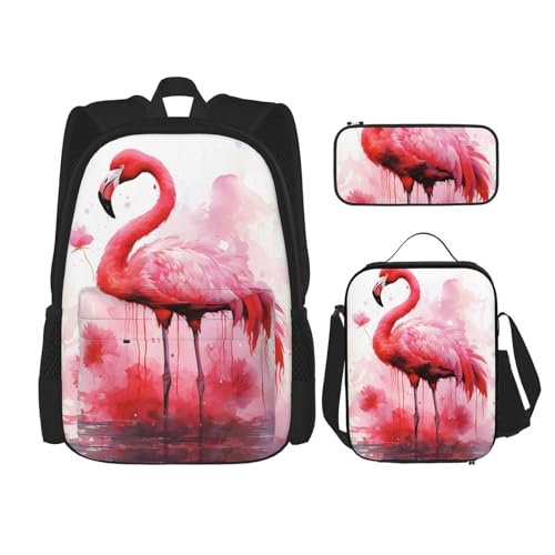 OUSIKA 3-teiliges Rucksack-Set mit Flamingo-Aquarell-Druck, lässiger Tagesrucksack mit Lunchbox, Federmäppchen für Damen und Herren, Schwarz , Einheitsgröße, Rucksack, Rucksäcke von OUSIKA