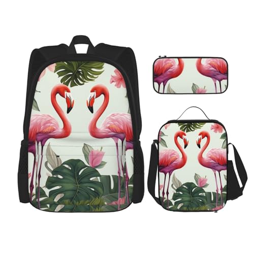 OUSIKA 3-teiliges Rucksack-Set mit Flamingo-Vogelmotiv, grüne Blätter, lässiger Tagesrucksack mit Lunchbox, Federmäppchen für Damen und Herren, Schwarz , Einheitsgröße, Rucksack, Rucksäcke von OUSIKA