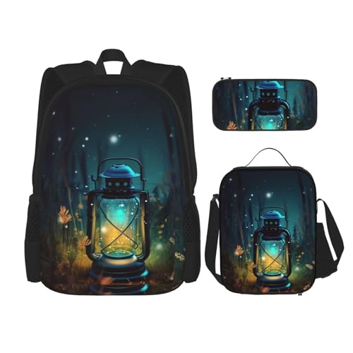 OUSIKA 3-teiliges Rucksack-Set mit Glühwürmchen und Laternen-Druck, lässiger Tagesrucksack mit Lunchbox, Federmäppchen für Damen und Herren, Schwarz , Einheitsgröße, Rucksack, Rucksäcke von OUSIKA