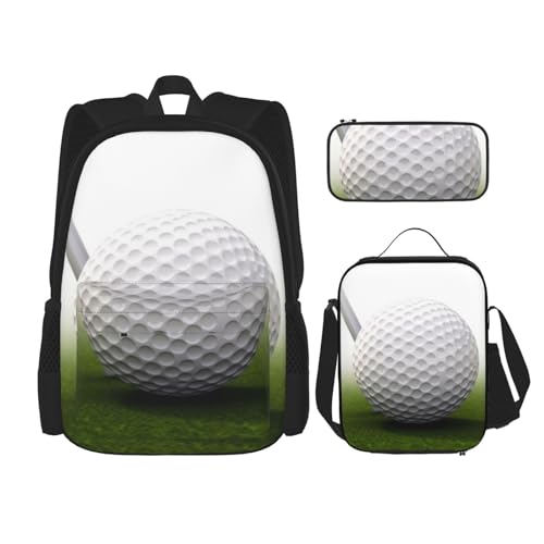 OUSIKA 3-teiliges Rucksack-Set mit Golfball-Druck, lässiger Tagesrucksack mit Lunchbox, Federmäppchen für Damen und Herren, Schwarz , Einheitsgröße, Rucksack, Rucksäcke von OUSIKA