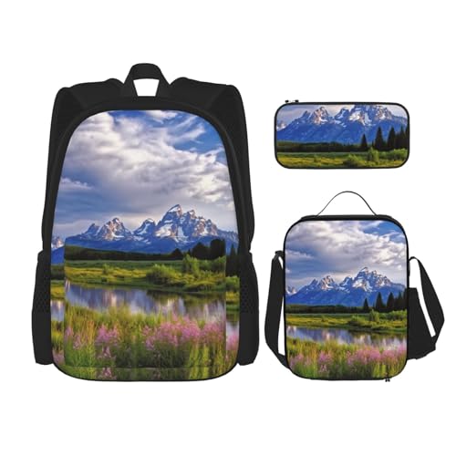 OUSIKA 3-teiliges Rucksack-Set mit Grand-Teton-Nationalpark-Druck, lässiger Tagesrucksack mit Lunchbox, Federmäppchen für Damen und Herren, Schwarz , Einheitsgröße, Rucksack, Rucksäcke von OUSIKA