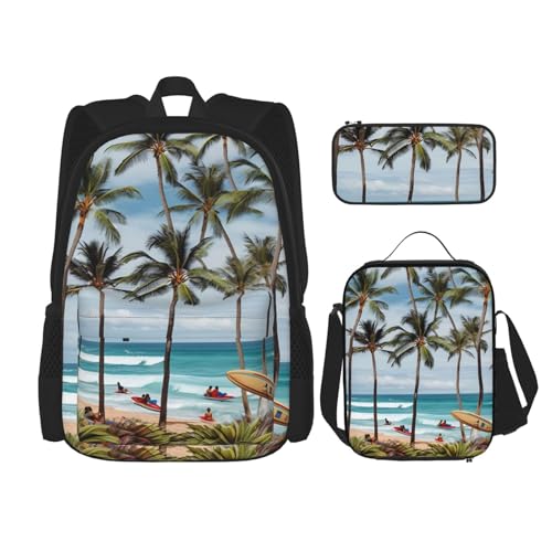 OUSIKA 3-teiliges Rucksack-Set mit Hawaii-Surfer auf gewelltem Druck, lässiger Tagesrucksack mit Lunchbox, Federmäppchen für Damen und Herren, Schwarz , Einheitsgröße, Rucksack, Rucksäcke von OUSIKA