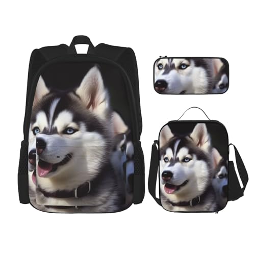 OUSIKA 3-teiliges Rucksack-Set mit Husky-Hunde-Aufdruck, lässiger Tagesrucksack mit Lunchbox, Federmäppchen für Damen und Herren, Schwarz , Einheitsgröße, Rucksack, Rucksäcke von OUSIKA