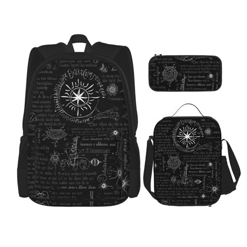 OUSIKA 3-teiliges Rucksack-Set mit Inspirationsdruck, lässiger Tagesrucksack mit Lunchbox, Federmäppchen für Damen und Herren, Schwarz , Einheitsgröße, Rucksack, Rucksäcke von OUSIKA