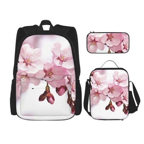 OUSIKA 3-teiliges Rucksack-Set mit Kirschblüten-Druck, lässiger Tagesrucksack mit Lunchbox, Federmäppchen für Damen und Herren, Schwarz , Einheitsgröße, Rucksack, Rucksäcke von OUSIKA