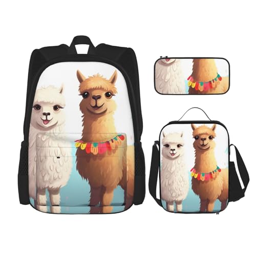 OUSIKA 3-teiliges Rucksack-Set mit Lama-Alpaka-Druck, lässiger Tagesrucksack mit Lunchbox, Federmäppchen für Damen und Herren, Schwarz , Einheitsgröße, Rucksack, Rucksäcke von OUSIKA