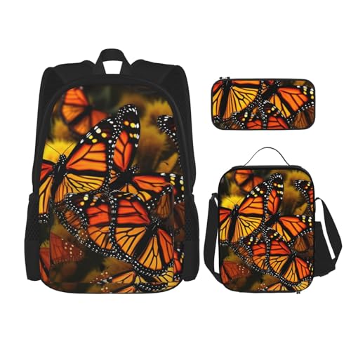 OUSIKA 3-teiliges Rucksack-Set mit Monarch-Schmetterlings-Aufdruck, lässiger Tagesrucksack mit Lunchbox, Federmäppchen für Damen und Herren, Schwarz , Einheitsgröße, Rucksack, Rucksäcke von OUSIKA