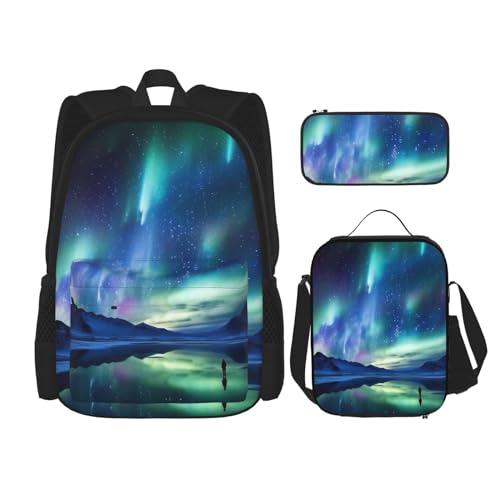 OUSIKA 3-teiliges Rucksack-Set mit Nordlichter-Druck, lässiger Tagesrucksack mit Lunchbox, Federmäppchen für Damen und Herren, Schwarz , Einheitsgröße, Rucksack Backpacks von OUSIKA