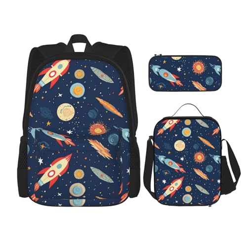 OUSIKA 3-teiliges Rucksack-Set mit Rakete im Weltraum, lässiger Tagesrucksack mit Lunchbox, Federmäppchen für Damen und Herren, Schwarz , Einheitsgröße, Rucksack, Rucksäcke von OUSIKA