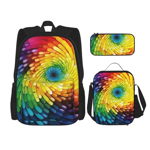 OUSIKA 3-teiliges Rucksack-Set mit Regenbogen-Wirbel-Druck, lässiger Tagesrucksack mit Lunchbox, Federmäppchen für Damen und Herren, Schwarz , Einheitsgröße, Rucksack, Rucksäcke von OUSIKA