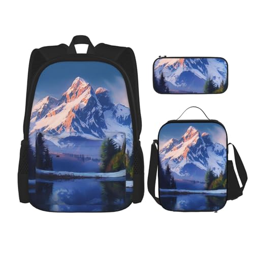 OUSIKA 3-teiliges Rucksack-Set mit Schneeberg-Aufdruck, lässiger Tagesrucksack mit Lunchbox, Federmäppchen für Damen und Herren, Schwarz , Einheitsgröße, Rucksack, Rucksäcke von OUSIKA