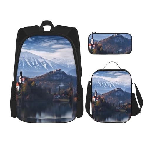 OUSIKA 3-teiliges Rucksack-Set mit Slowenien-Wunderland-Druck, lässiger Tagesrucksack mit Lunchbox, Federmäppchen für Damen und Herren, Schwarz , Einheitsgröße, Rucksack, Rucksäcke von OUSIKA