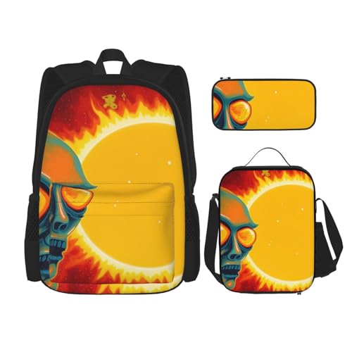 OUSIKA 3-teiliges Rucksack-Set mit Sonnenaufdruck, lässiger Tagesrucksack mit Lunchbox, Federmäppchen für Damen und Herren, Schwarz, Einheitsgröße, Schwarz , Einheitsgröße von OUSIKA