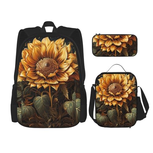 OUSIKA 3-teiliges Rucksack-Set mit Sonnenblume auf schwarzem Hintergrund, lässiger Tagesrucksack mit Lunchbox, Federmäppchen für Damen und Herren, Schwarz , Einheitsgröße, Rucksack, Rucksäcke von OUSIKA