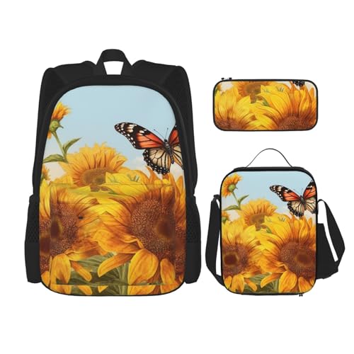 OUSIKA 3-teiliges Rucksack-Set mit Sonnenblume und Schmetterlings-Aufdruck, lässiger Tagesrucksack mit Lunchbox, Federmäppchen für Damen und Herren, Schwarz , Einheitsgröße, Rucksack, Rucksäcke von OUSIKA